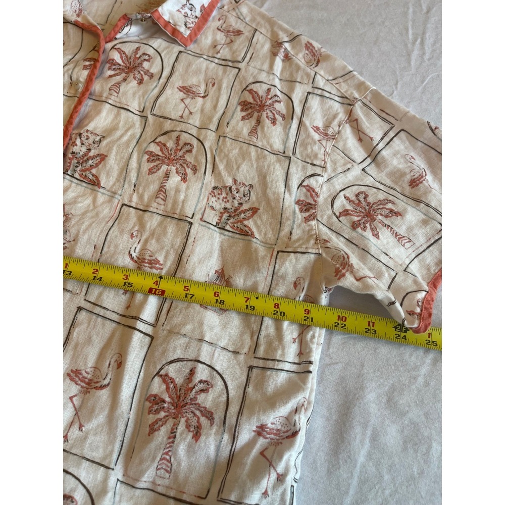C&C California Women Lg 100% Linen Tropical Flamingo Leopard Print Shirt cream - Picture 7 of 8